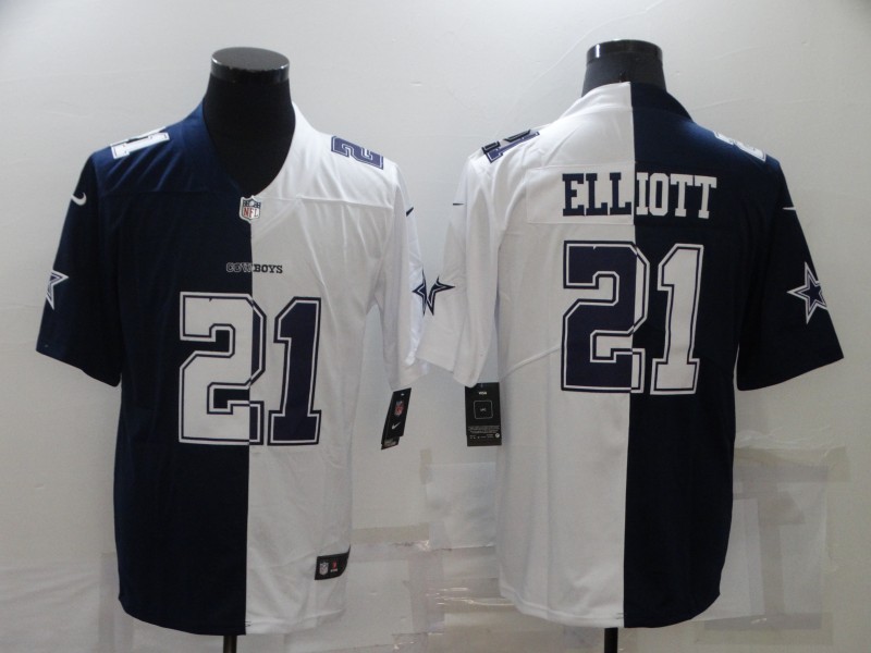 2021 Men Dallas cowboys 21 Elliott Blue white Half version Nike NFL Jerseys